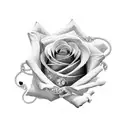 A mesmerizing black-grey tattoo of a rose intertwined with a delicate rosary, symbolizing the client's devotion to their faith tattoo design idea