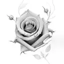 A mesmerizing black-grey tattoo of a rose intertwined with a delicate rosary, symbolizing the client's devotion to their faith tattoo design idea