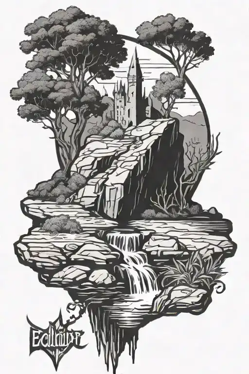 excalibur embedded in a rock surrounded by a swamp and a forest in the background tattoo design idea