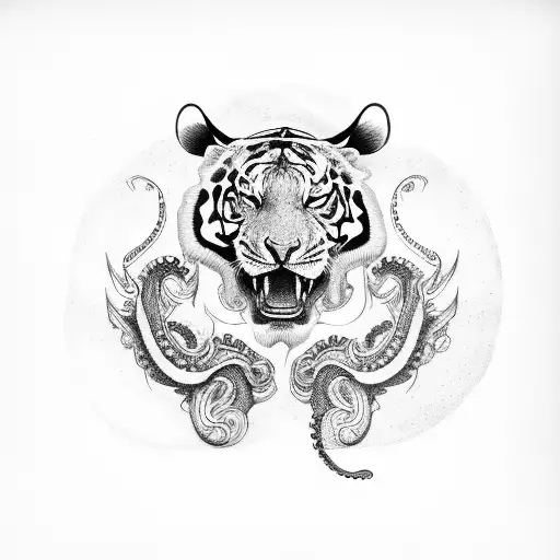 Tattoo design with Taurus face and tiger body and octopus hands tattoo design idea