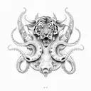 Tattoo design with Taurus face and tiger body and octopus hands tattoo design idea