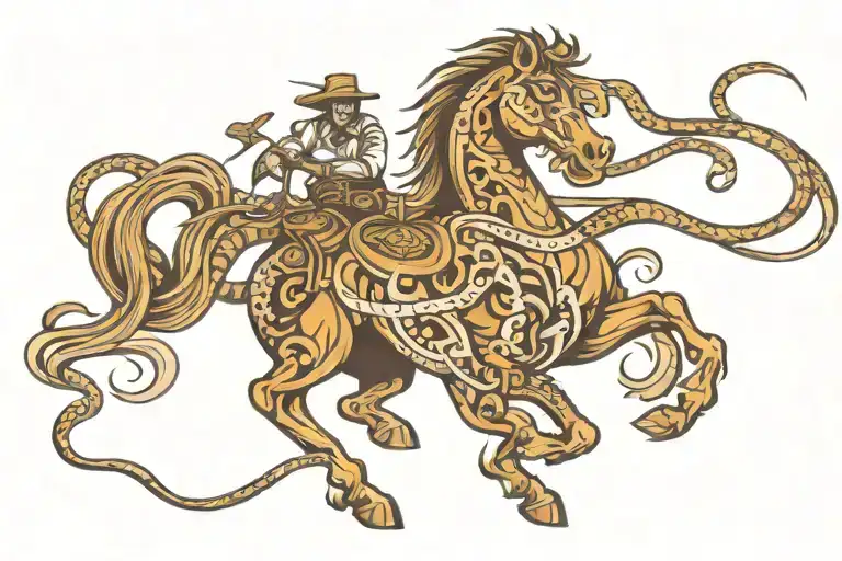 a snake coils around a galloping horse tattoo design idea