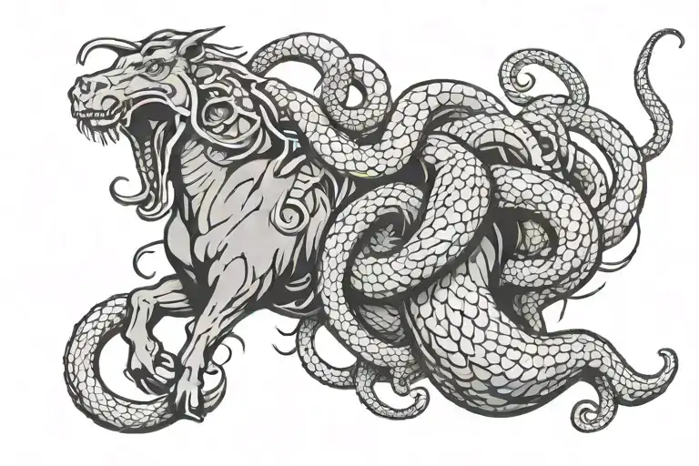 snake strangling horse jumping tattoo design idea