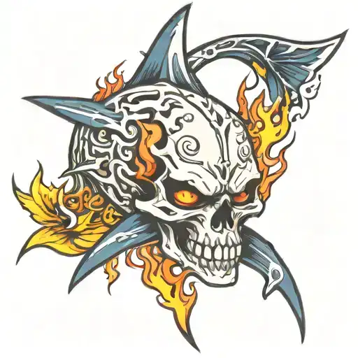 skull sharks and flames tattoo design idea