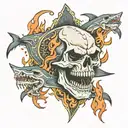 skull sharks and flames tattoo design idea