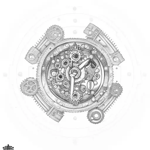 A traditional style moon with gears and wrenches forming its shape, surrounded by coffee beans and stars tattoo design idea