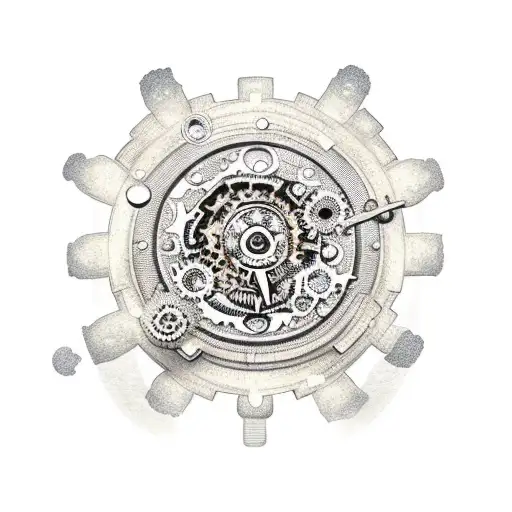 A traditional style moon with gears and wrenches forming its shape, surrounded by coffee beans and stars tattoo design idea