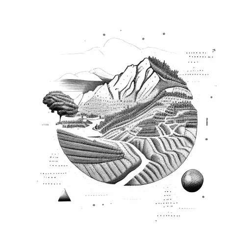 	A continuous tattoo showcasing the Swiss Alps, Italian vineyards, and Dominican beaches, seamlessly transitioning from  tattoo design idea