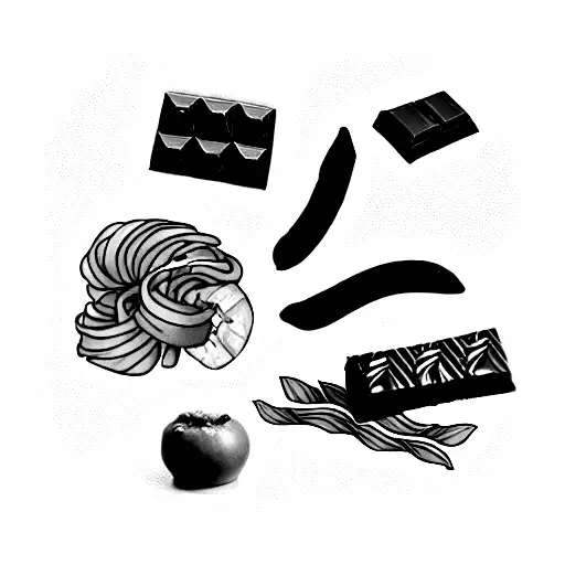 A fusion of foods from each culture, such as Swiss chocolate, Italian pasta, and Dominican plantains, artistically woven tattoo design idea