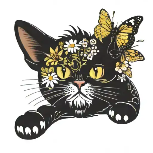 daisies dragon butterfly grass cat  tattoo design idea