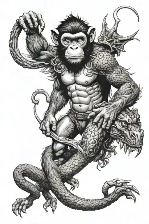 Monkey and Dragon emerging tattoo design idea