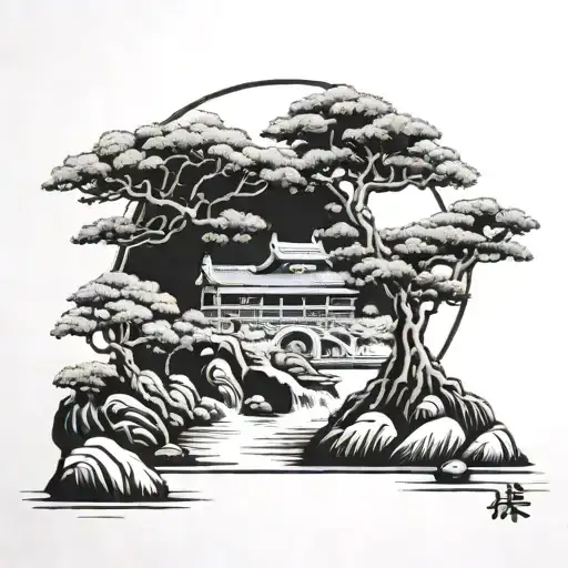 A serene Japanese garden scene with a bonsai tree as the focal point, capturing the client's love for Japan's tranquil landscapes and bonsai cultivation tattoo design idea