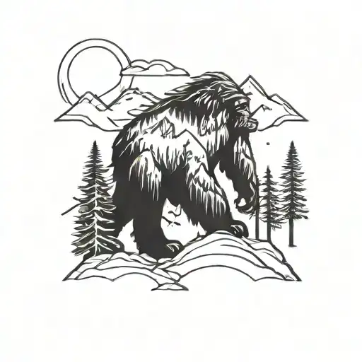 A minimalist line art tattoo of a sasquatch blending into the wilderness landscape tattoo design idea