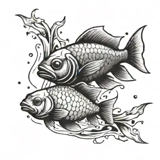 two little fish swimming. around them is blood and sand.  tattoo design idea