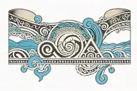 An ankle band with ocean waves plus geometrics patterns and aztec feel in blue and black colour for men tattoo design idea
