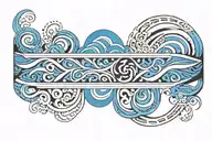 An ankle band with ocean waves plus geometrics patterns and aztec feel in blue and black colour for men tattoo design idea