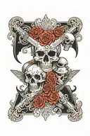 leg sleeve tattoo featuring multiple skulls, crosses, nude women, swords and some Latin proverb in Gothic writing tattoo design idea