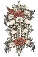 leg sleeve tattoo featuring multiple skulls, crosses, nude women, swords and some Latin proverb in Gothic writing tattoo design idea