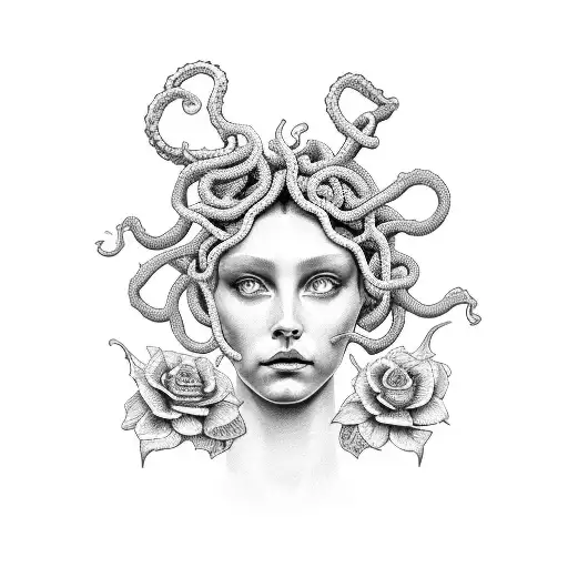 Medusa with March, August, November, and December birth flowers tattoo design idea