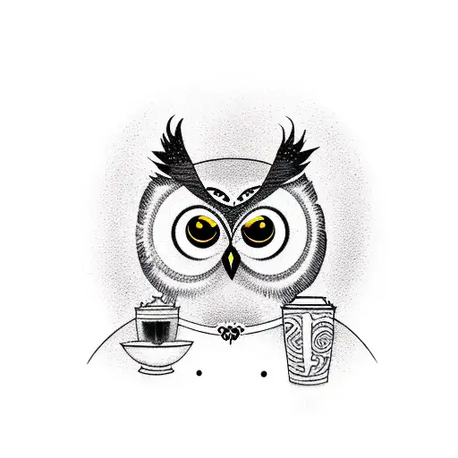 an owl with coffee bean in his eyes instead of pupils, holding a clock showing 11:11 tattoo design idea