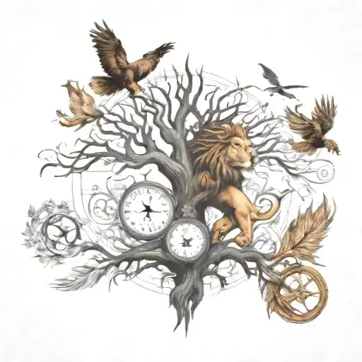 tree of life, compass, phoenix and Lion surrounded tattoo design idea