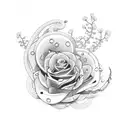 A dotwork tattoo featuring a snake coiled around a bouquet of flowers with a knife piercing through them tattoo design idea