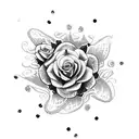 A dotwork tattoo featuring a snake coiled around a bouquet of flowers with a knife piercing through them tattoo design idea
