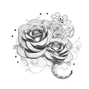 A dotwork tattoo featuring a snake coiled around a bouquet of flowers with a knife piercing through them tattoo design idea