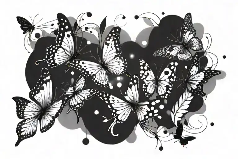 Black and white. minimalistic butterflies and detailed feathers intertwined in a long line. magical dots ans sparkle.  tattoo design idea