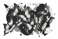 Black and white. minimalistic butterflies and detailed feathers intertwined in a long line. magical dots ans sparkle.  tattoo design idea