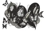 Black and white. minimalistic butterflies and detailed feathers intertwined in a long line. magical dots ans sparkle.  tattoo design idea