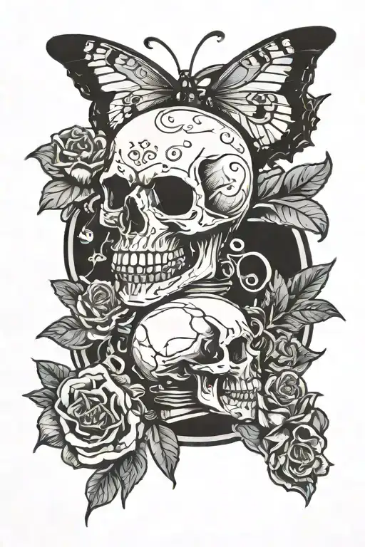 skull with poison bottle pistol and moth perched tattoo design idea