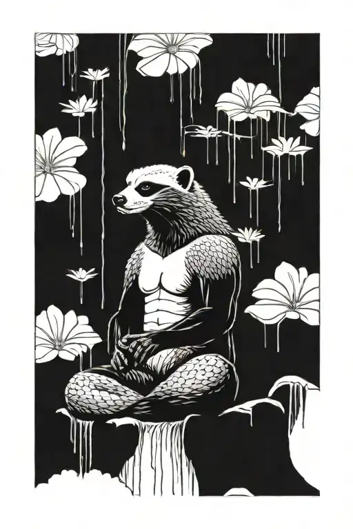 The honey badger sits in the lotus position and meditates under the large waterfall above him tattoo design idea