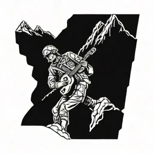 A detailed blackwork tattoo of a soldier playing a guitar on a mountain peak tattoo design idea