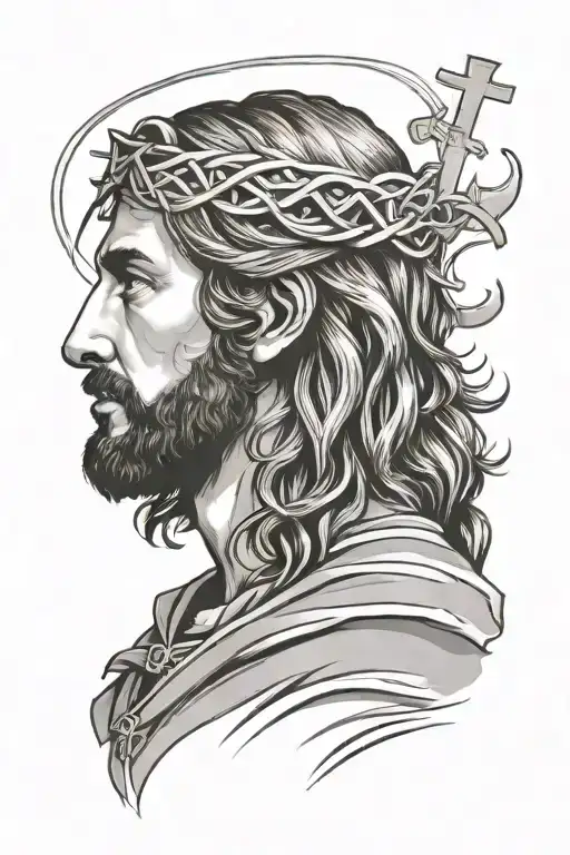 side profiles of Jesus with 3 small crossing below him filled with backgorund tattoo design idea