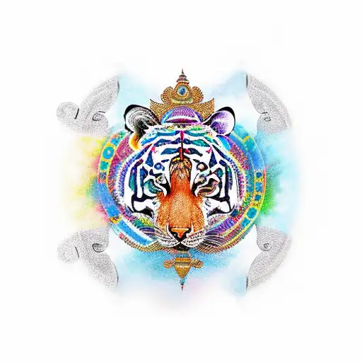 A colorful sleeve tattoo featuring a tiger and elephant surrounded by sacred symbols of Karnataka, such as the Kannada script and traditional motifs tattoo design idea