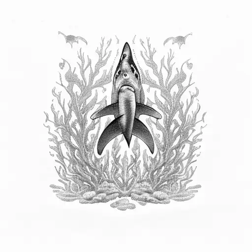 An intricate blackwork design of a shark swimming among coral reefs tattoo design idea