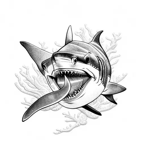 An intricate blackwork design of a shark swimming among coral reefs tattoo design idea