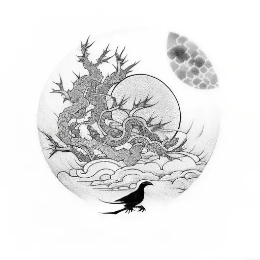 Monk with koifish and a moon with a crow on it behind a dead tree tattoo design idea