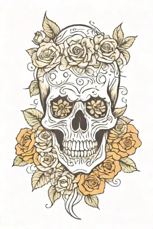 skull and roses growing together tattoo design idea