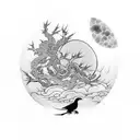 Monk with koifish and a moon with a crow on it behind a dead tree tattoo design idea