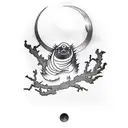 Monk with koifish and a moon with a crow on it behind a dead tree tattoo design idea