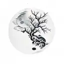 Monk with koifish and a moon with a crow on it behind a dead tree tattoo design idea