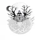 Monk with koifish and a moon with a crow on it behind a dead tree tattoo design idea