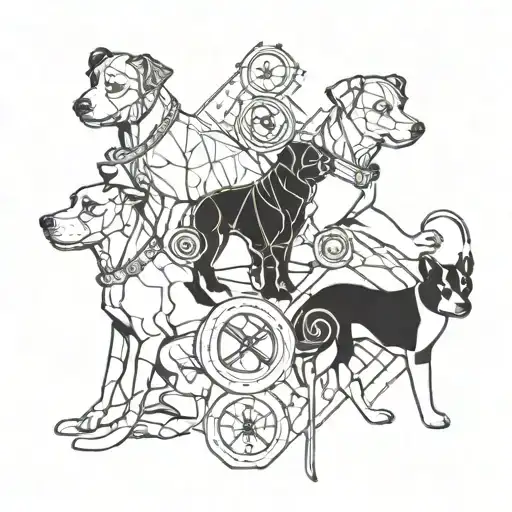 A geometric design featuring various dog breeds intertwined with stethoscopes and veterinary symbols tattoo design idea