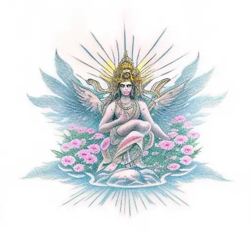 A traditional tattoo of a god or goddess surrounded by blooming flowers and heavenly rays of light tattoo design idea