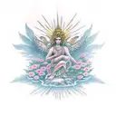 A traditional tattoo of a god or goddess surrounded by blooming flowers and heavenly rays of light tattoo design idea
