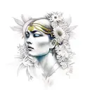 A traditional tattoo of a god or goddess surrounded by blooming flowers and heavenly rays of light tattoo design idea