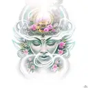 A traditional tattoo of a god or goddess surrounded by blooming flowers and heavenly rays of light tattoo design idea