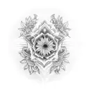 A traditional tattoo of a god or goddess surrounded by blooming flowers and heavenly rays of light tattoo design idea